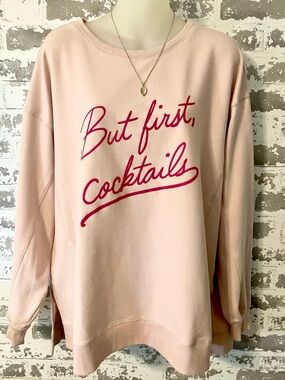 Wildfox But First Cocktails Sweatshirt XL Blush Pink Oversized Lounge Casual